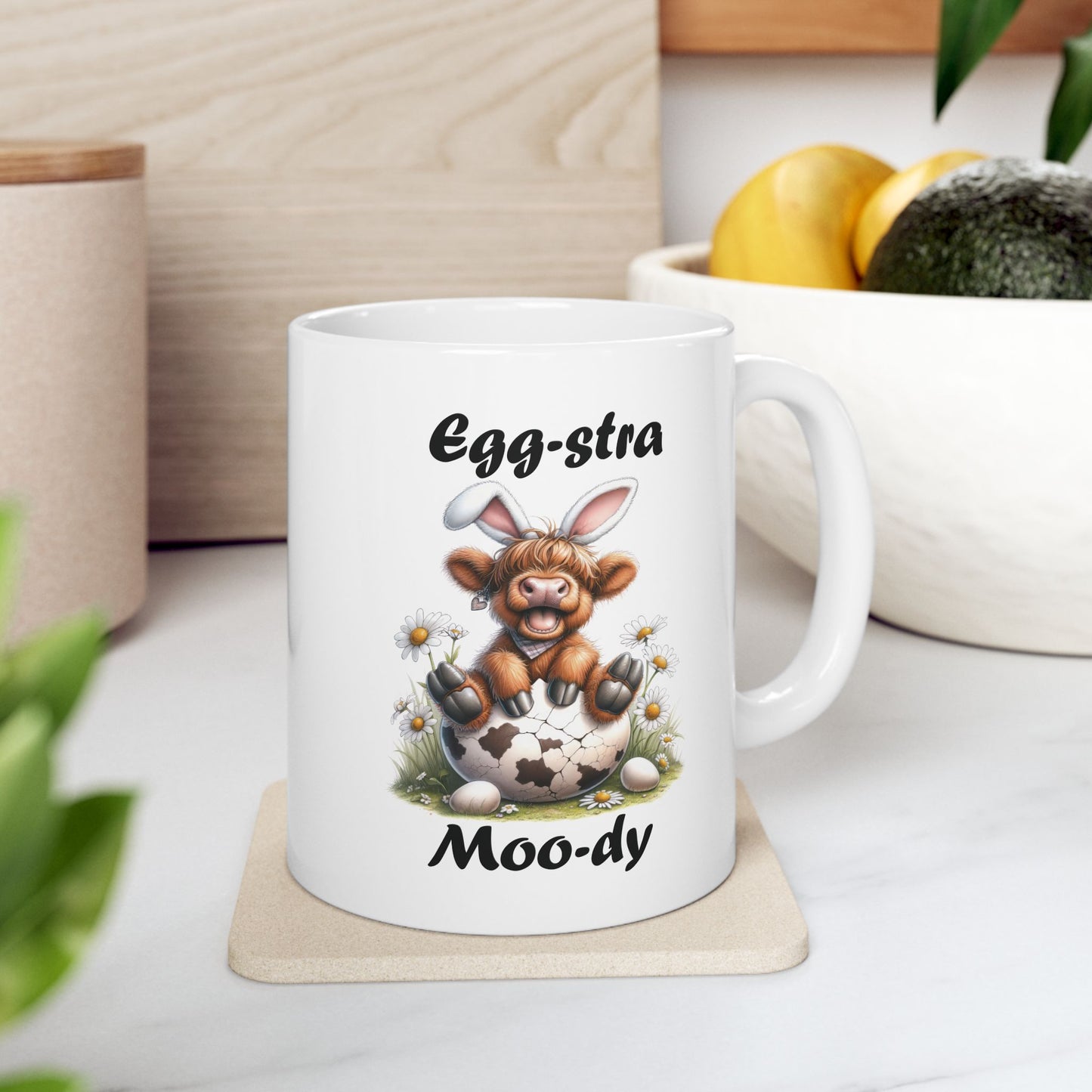 Egg-stra Moo-dy Highland Cow Easter Mug – Because Coffee First, Egg Hunts Later