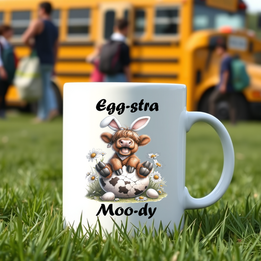Egg-stra Moo-dy Highland Cow Easter Mug – Because Coffee First, Egg Hunts Later