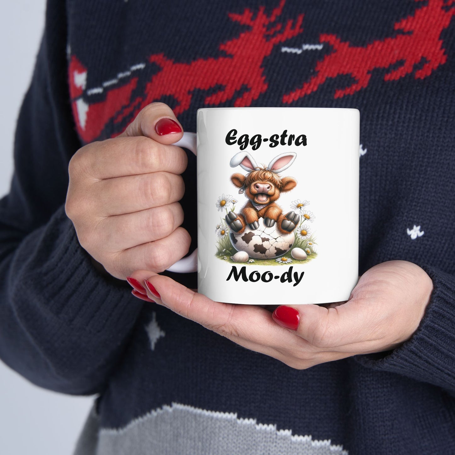 Egg-stra Moo-dy Highland Cow Easter Mug – Because Coffee First, Egg Hunts Later