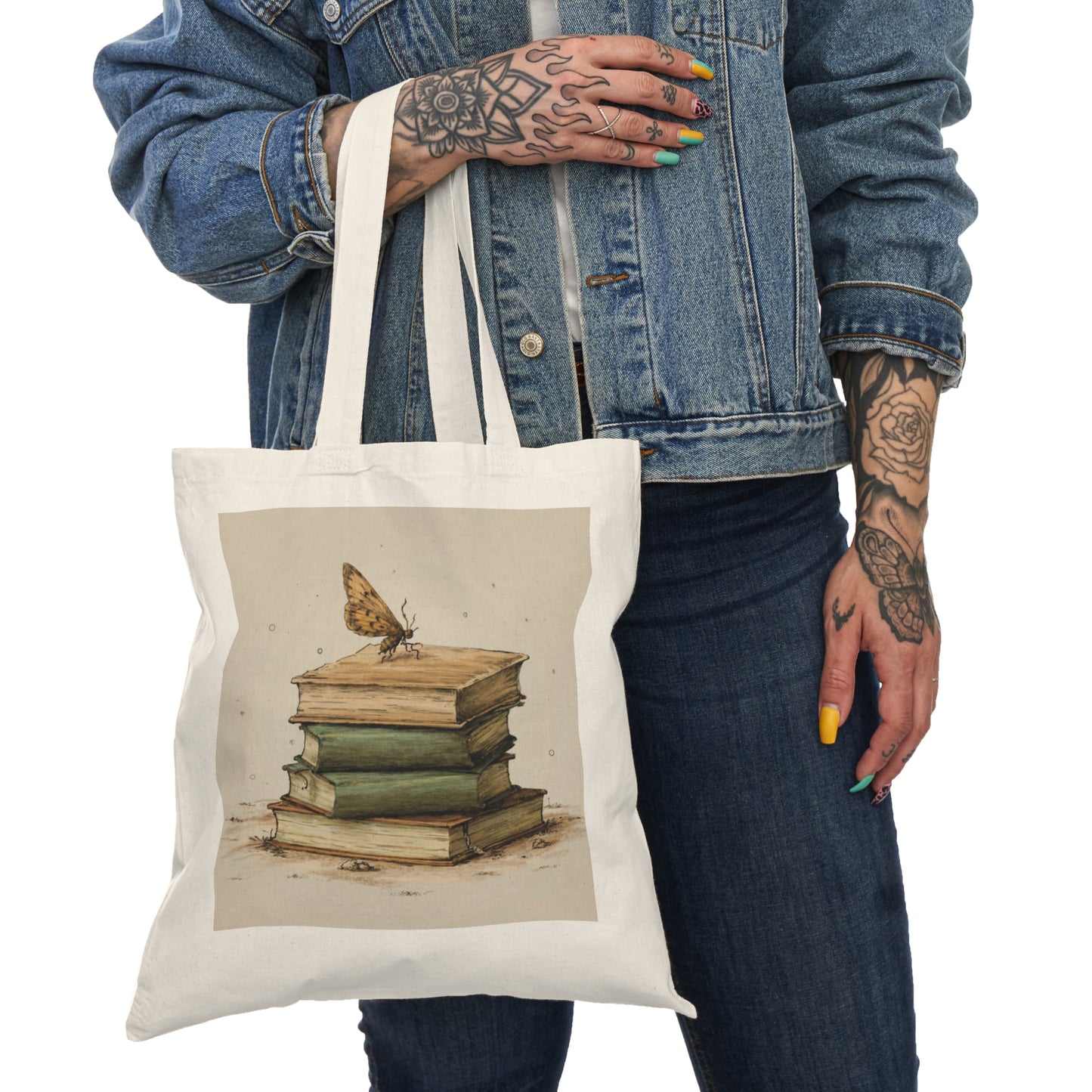 Book Lovers Tote Bag - Books Stack with Moth Design