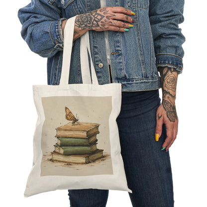 Book Lovers Tote Bag - Books Stack with Moth Design